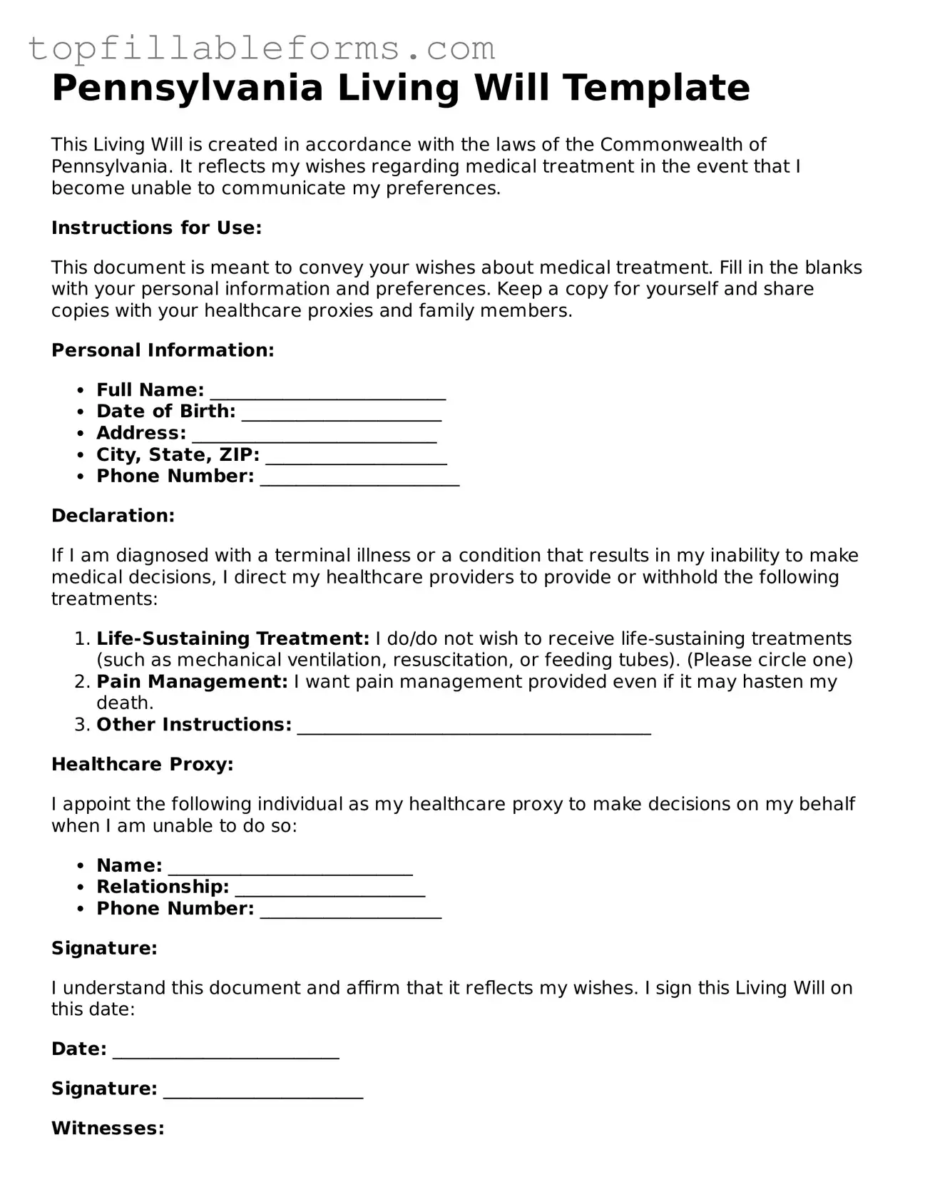 Attorney-Verified  Living Will Template for Pennsylvania
