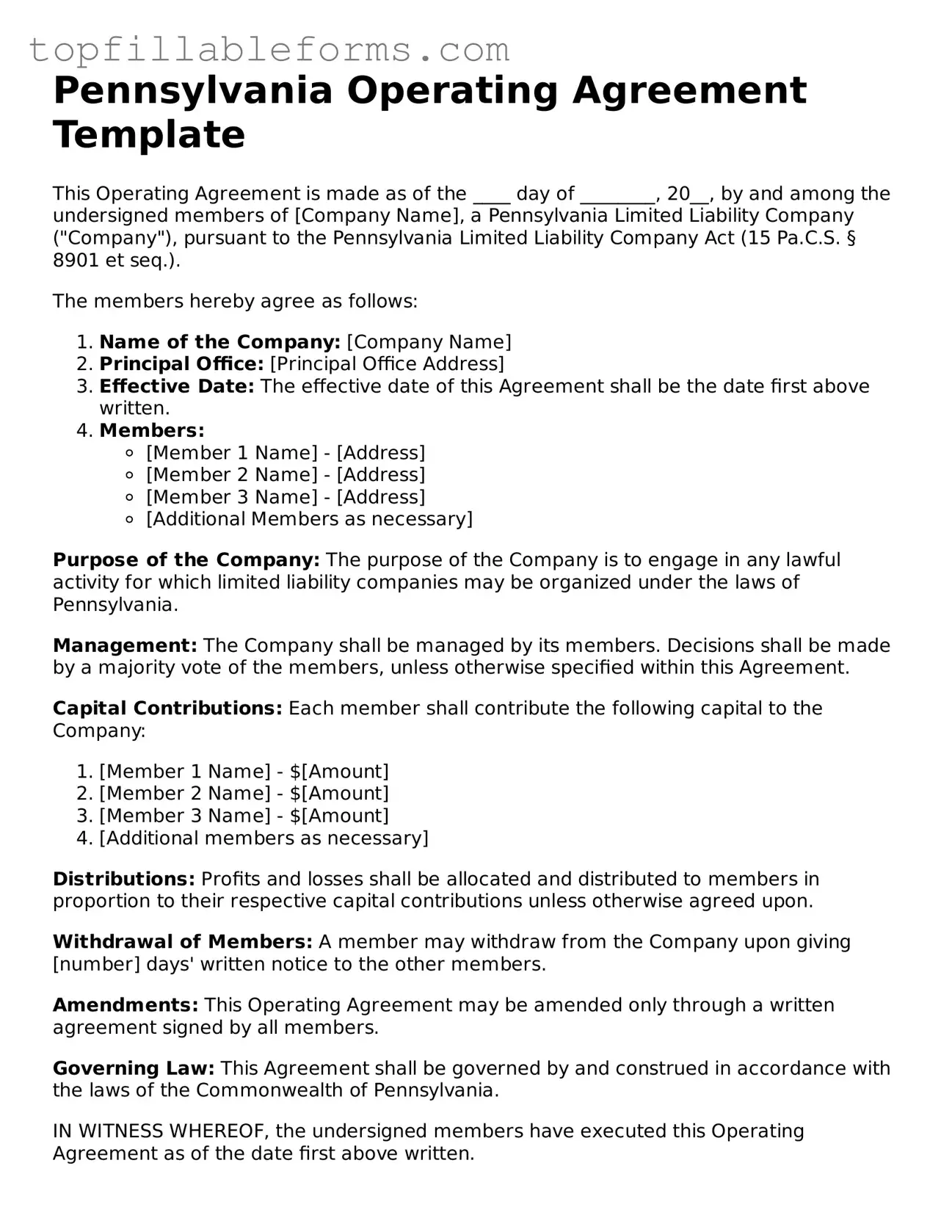 Attorney-Verified  Operating Agreement Template for Pennsylvania
