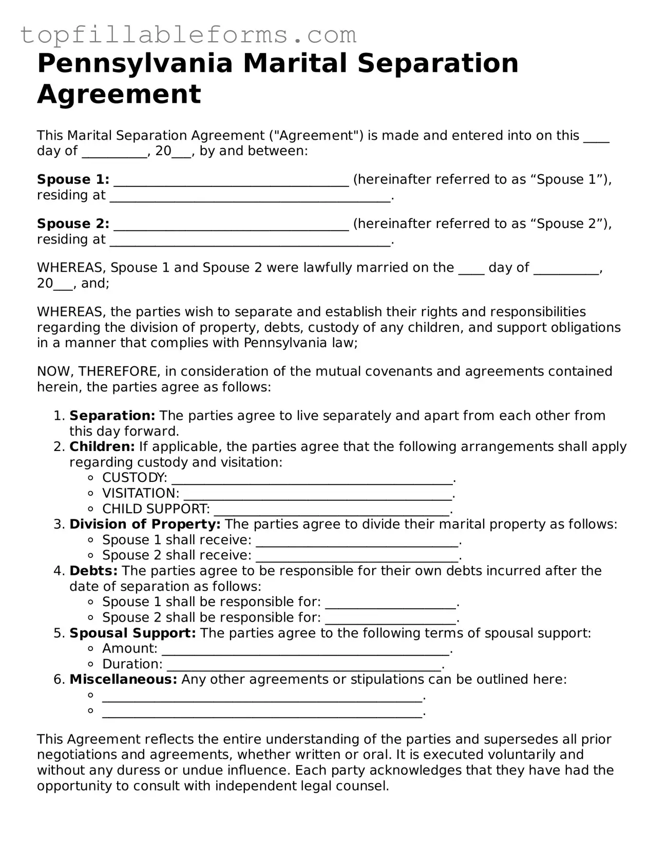 Attorney-Verified  Marital Separation Agreement Template for Pennsylvania
