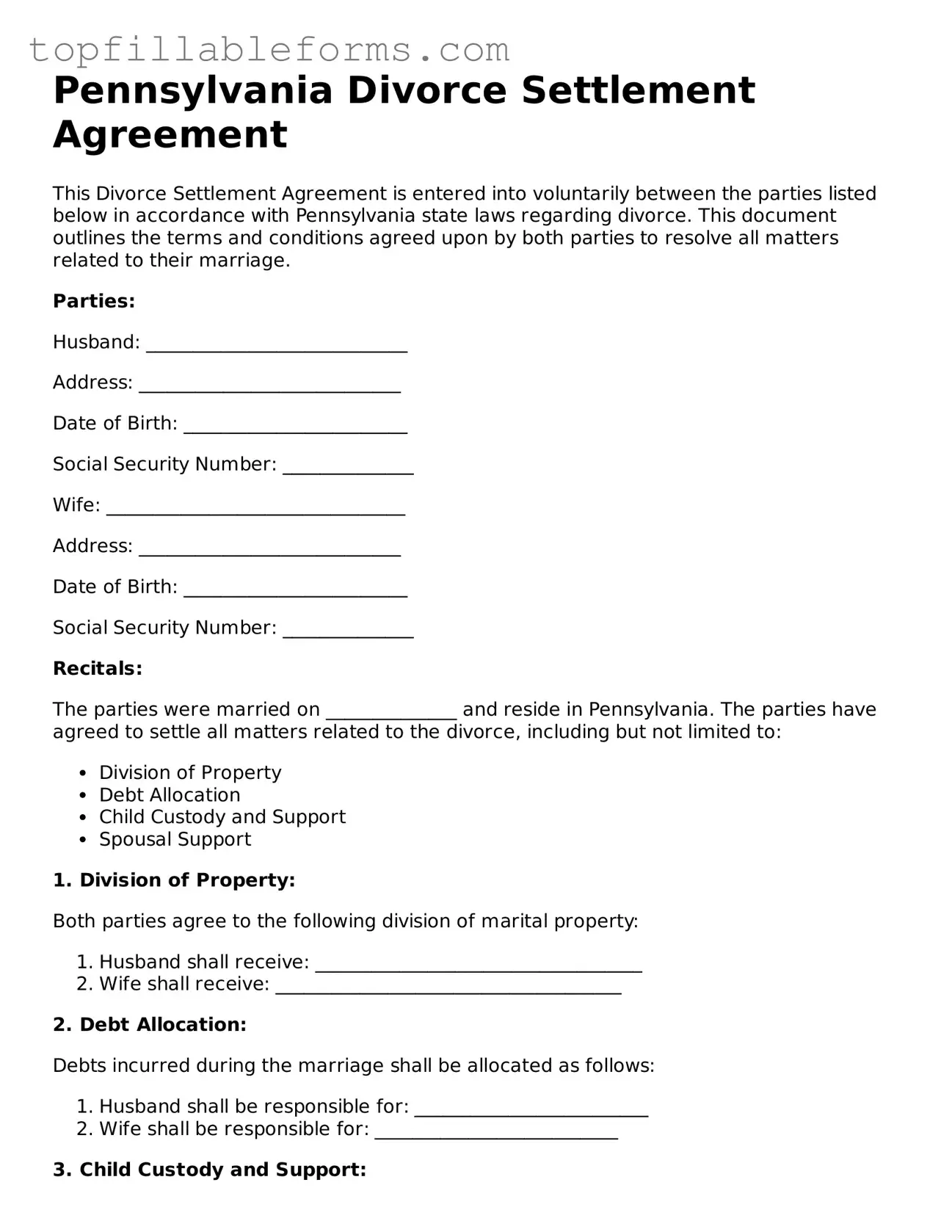 Attorney-Verified  Divorce Settlement Agreement Template for Pennsylvania