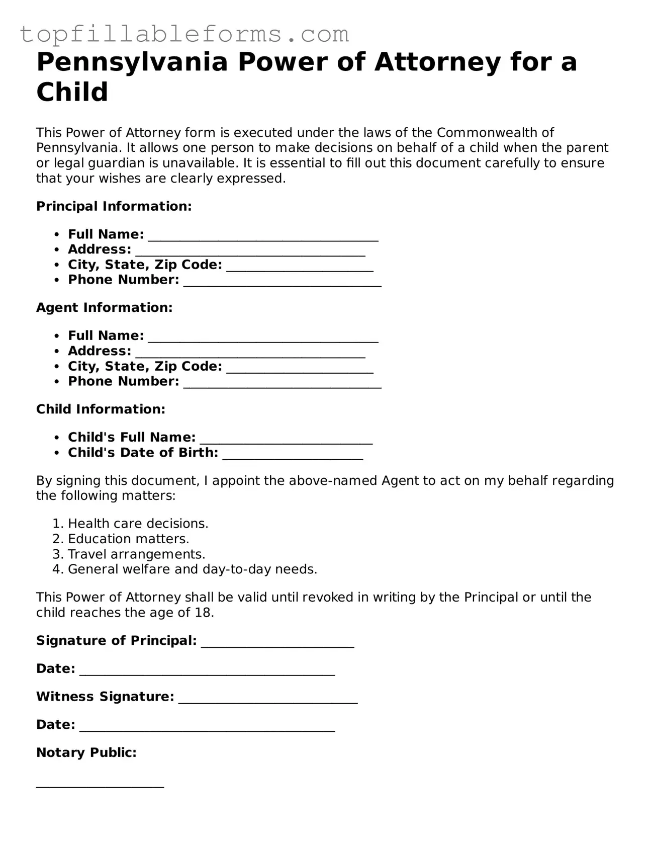 Attorney-Verified  Power of Attorney for a Child Template for Pennsylvania