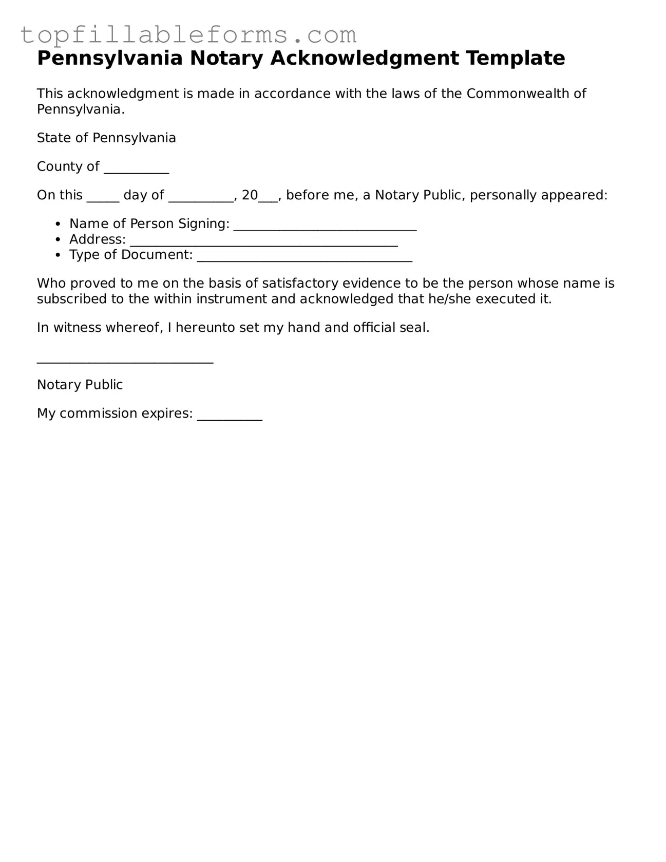 Attorney-Verified Notary Acknowledgement Template for Pennsylvania