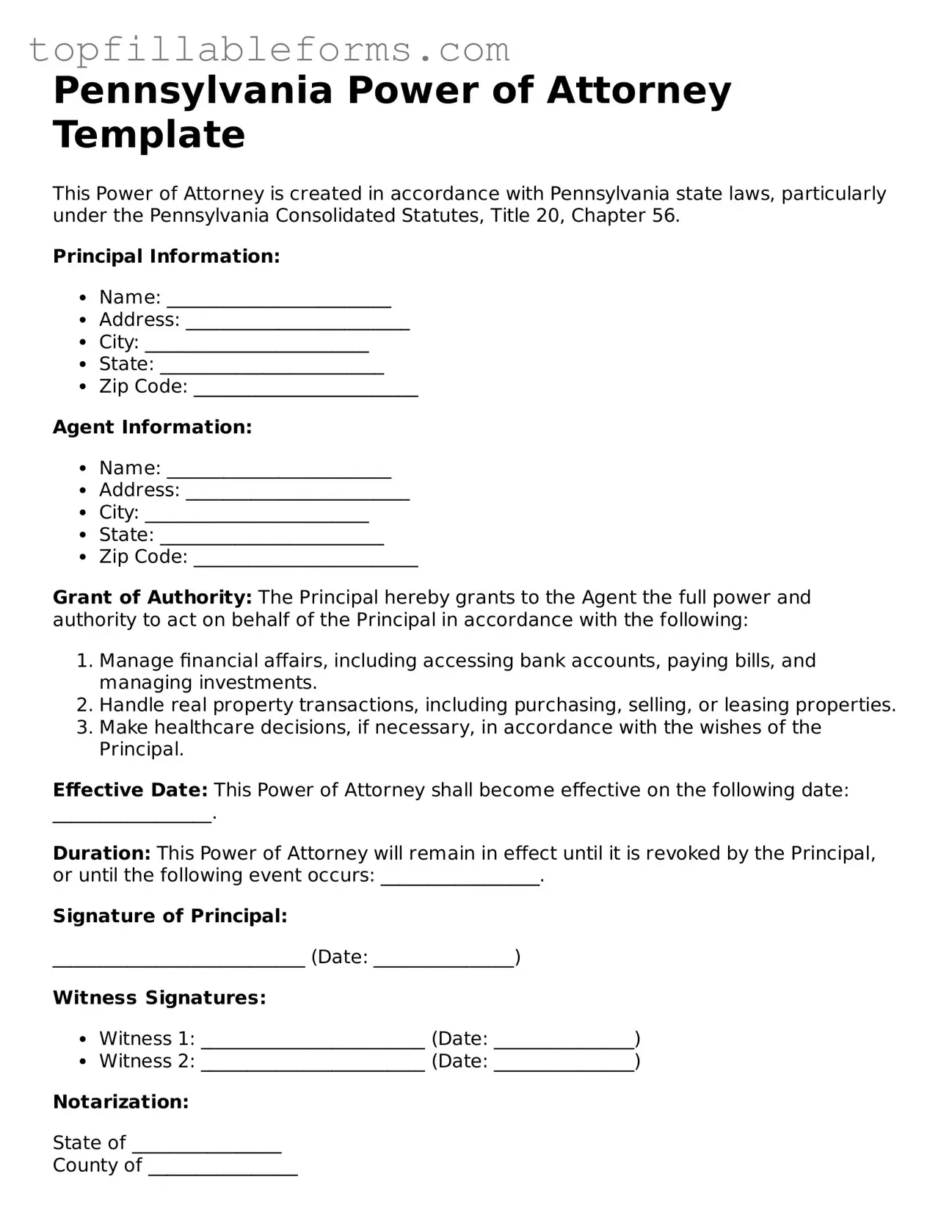 Attorney-Verified  Power of Attorney Template for Pennsylvania