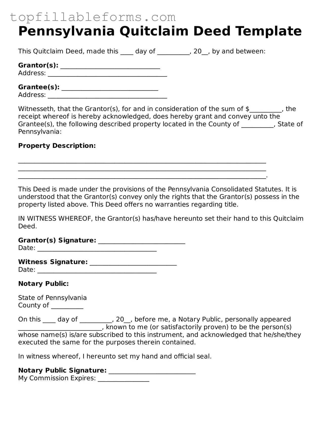 Attorney-Verified  Quitclaim Deed Template for Pennsylvania