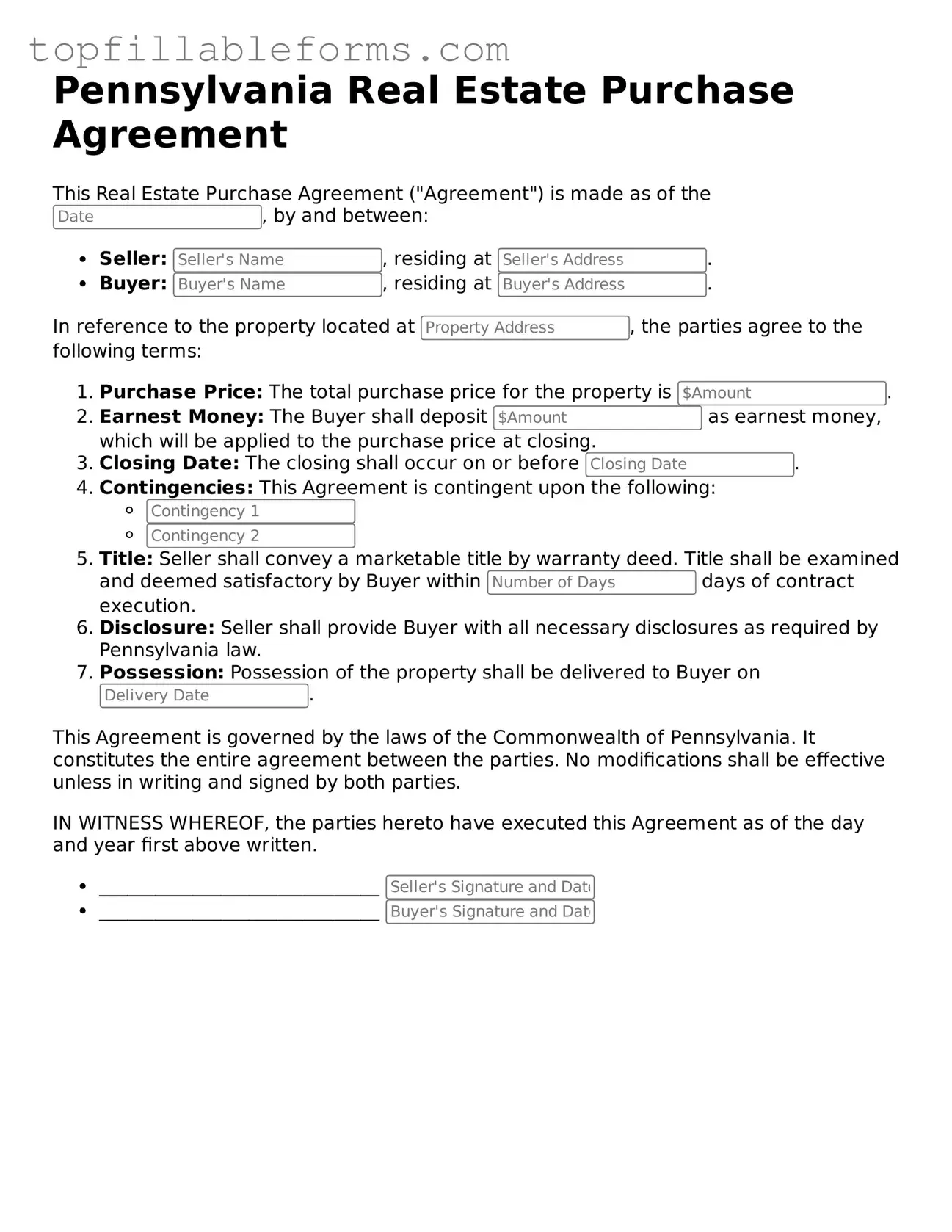 Attorney-Verified  Real Estate Purchase Agreement Template for Pennsylvania