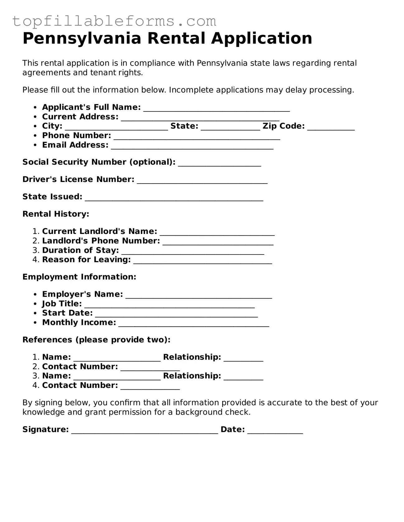 Attorney-Verified  Rental Application Template for Pennsylvania