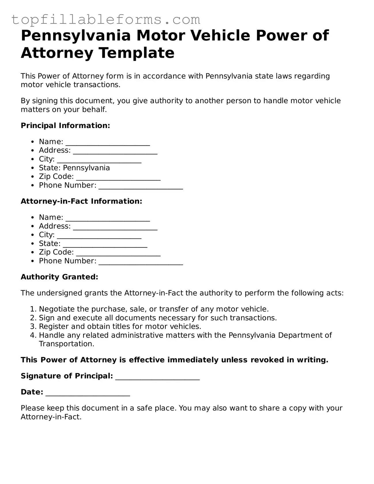 Attorney-Verified  Motor Vehicle Power of Attorney Template for Pennsylvania