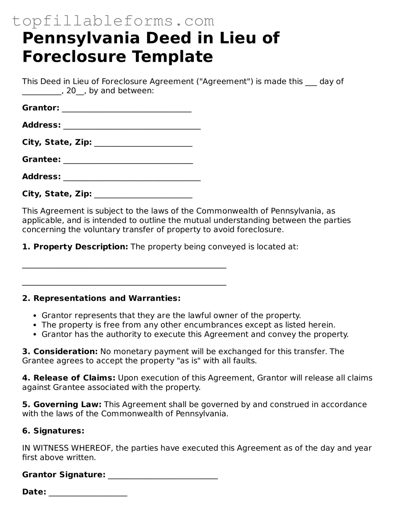 Attorney-Verified  Deed in Lieu of Foreclosure Template for Pennsylvania
