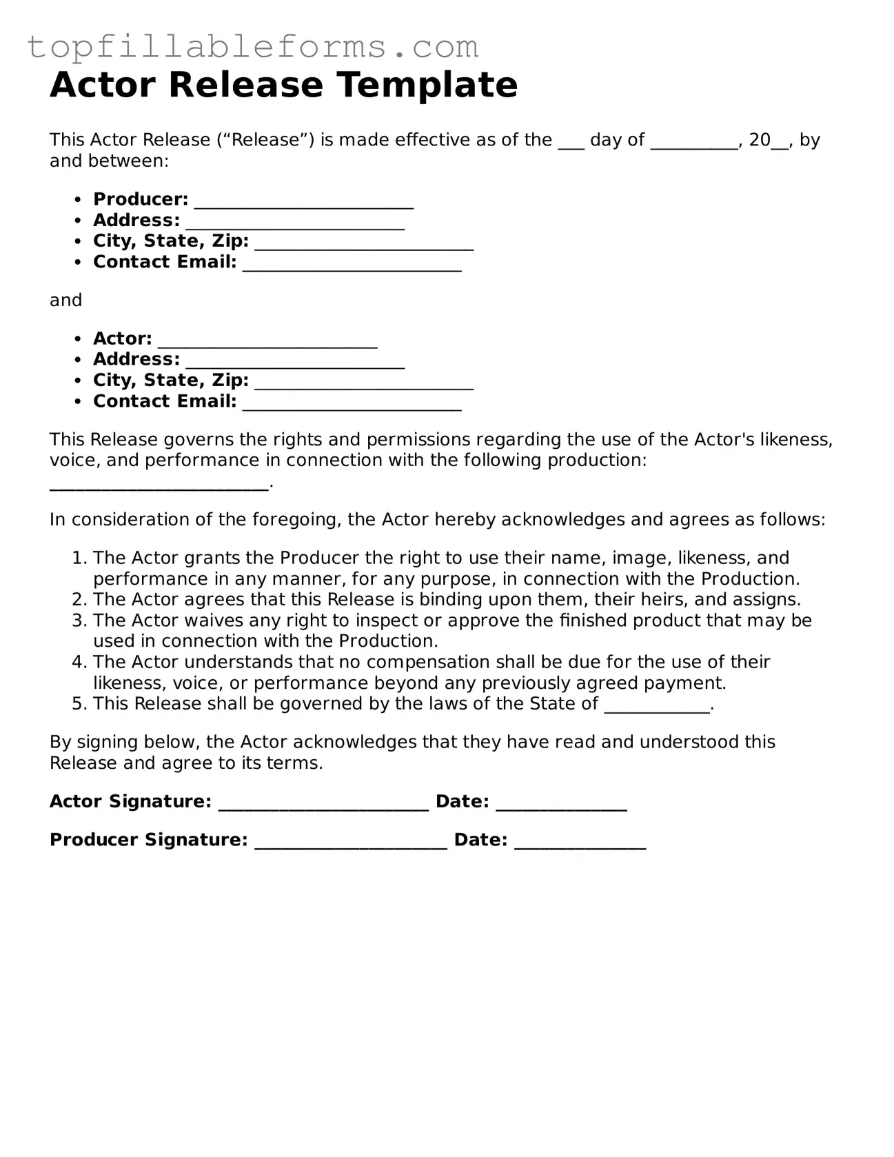 Free Actor Release Form