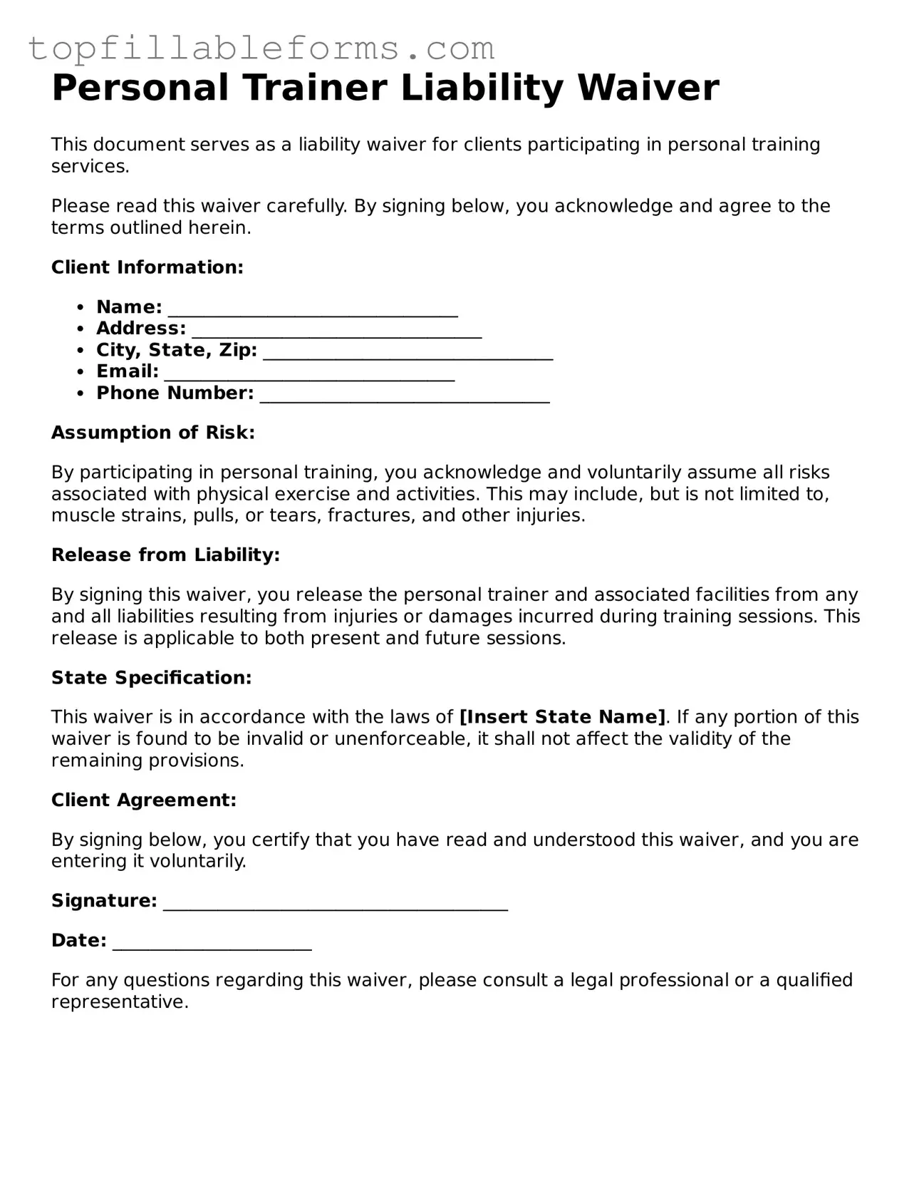 Free Personal Trainer Liability Waiver Form