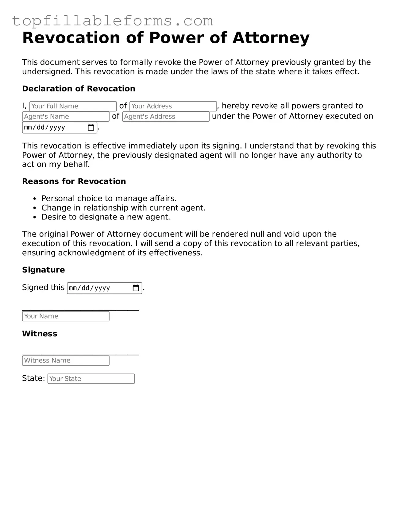 Free Revocation of Power of Attorney Form