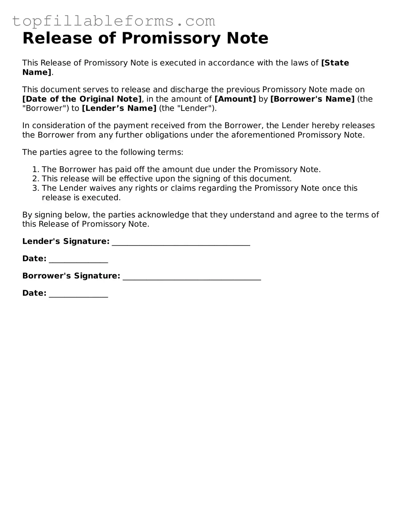 Free Release of Promissory Note Form