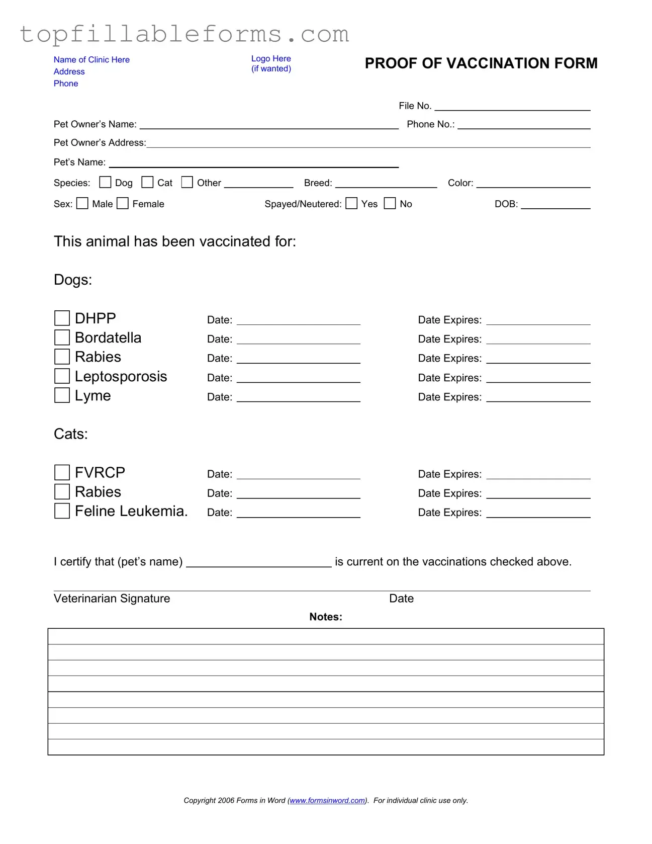 Printable Proof Of Vaccination Dog Form in PDF