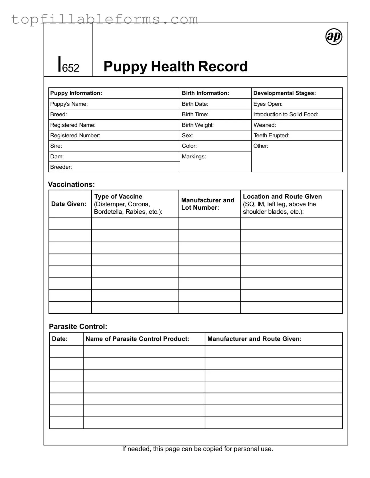 Printable Puppy Health Record Form in PDF