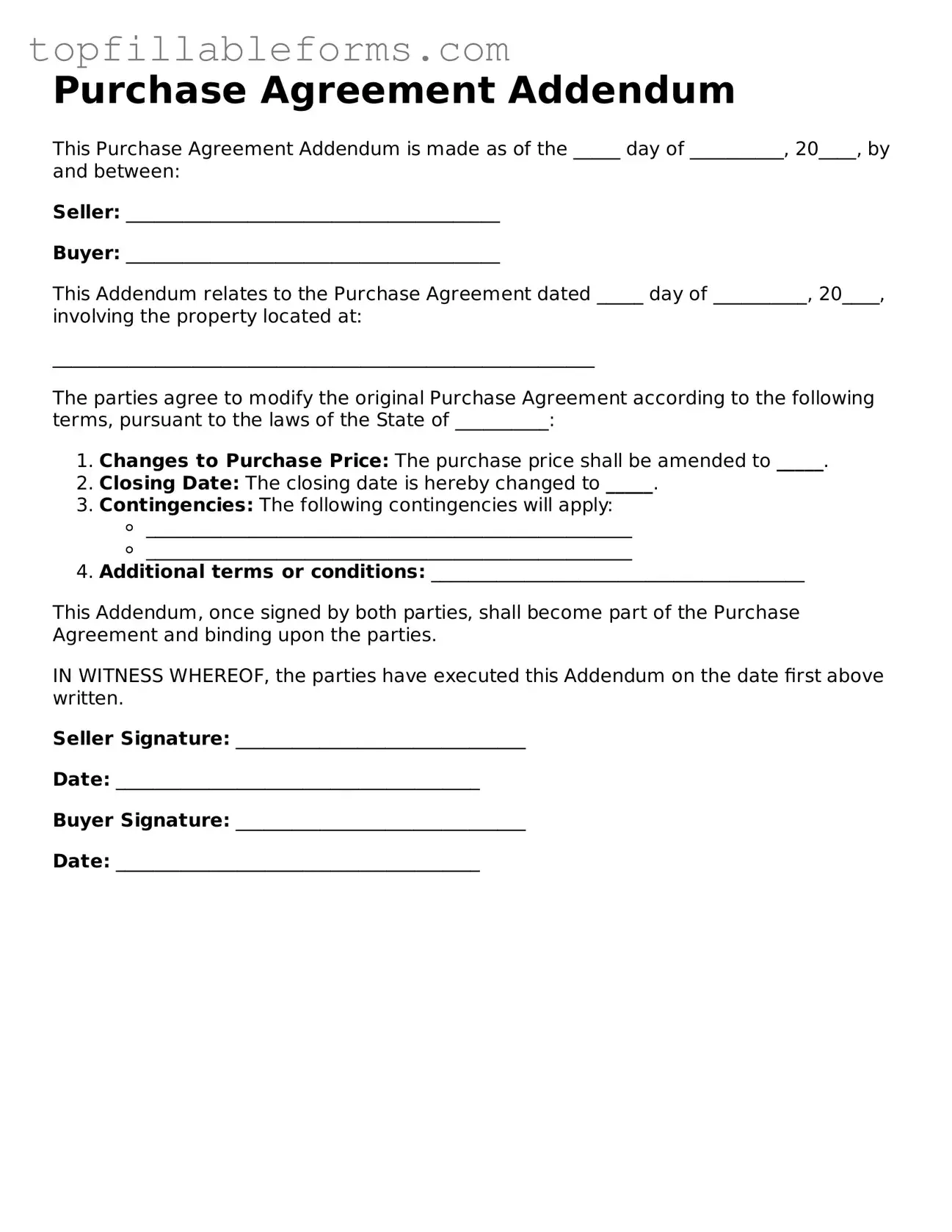 Free Purchase Agreement Addendum Form