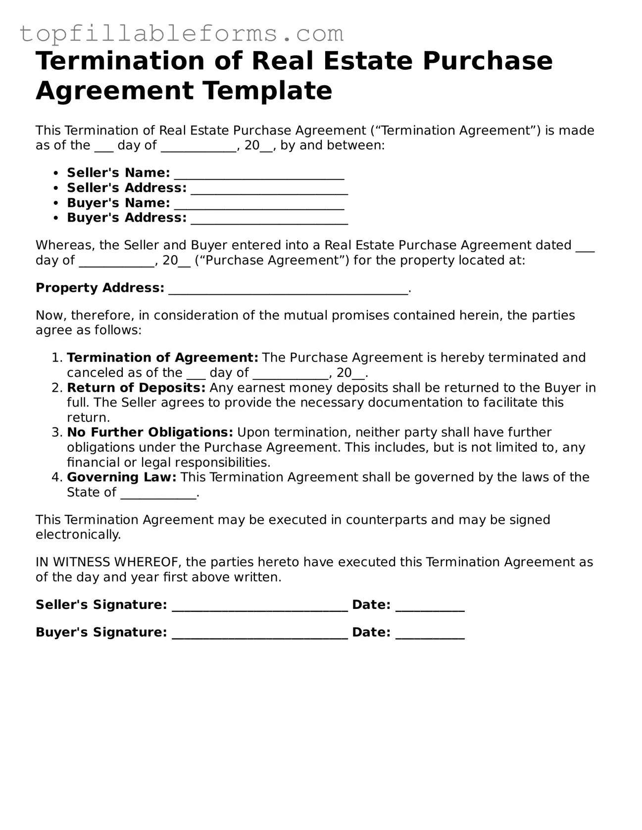 Free Termination of Real Estate Purchase Agreement Form