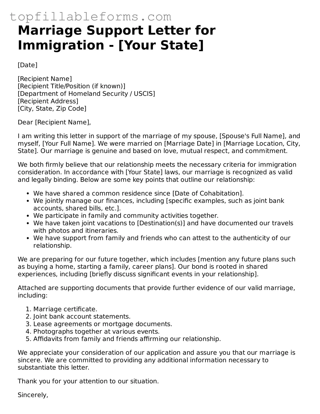 Free Marriage Support Letter for Immigration Form