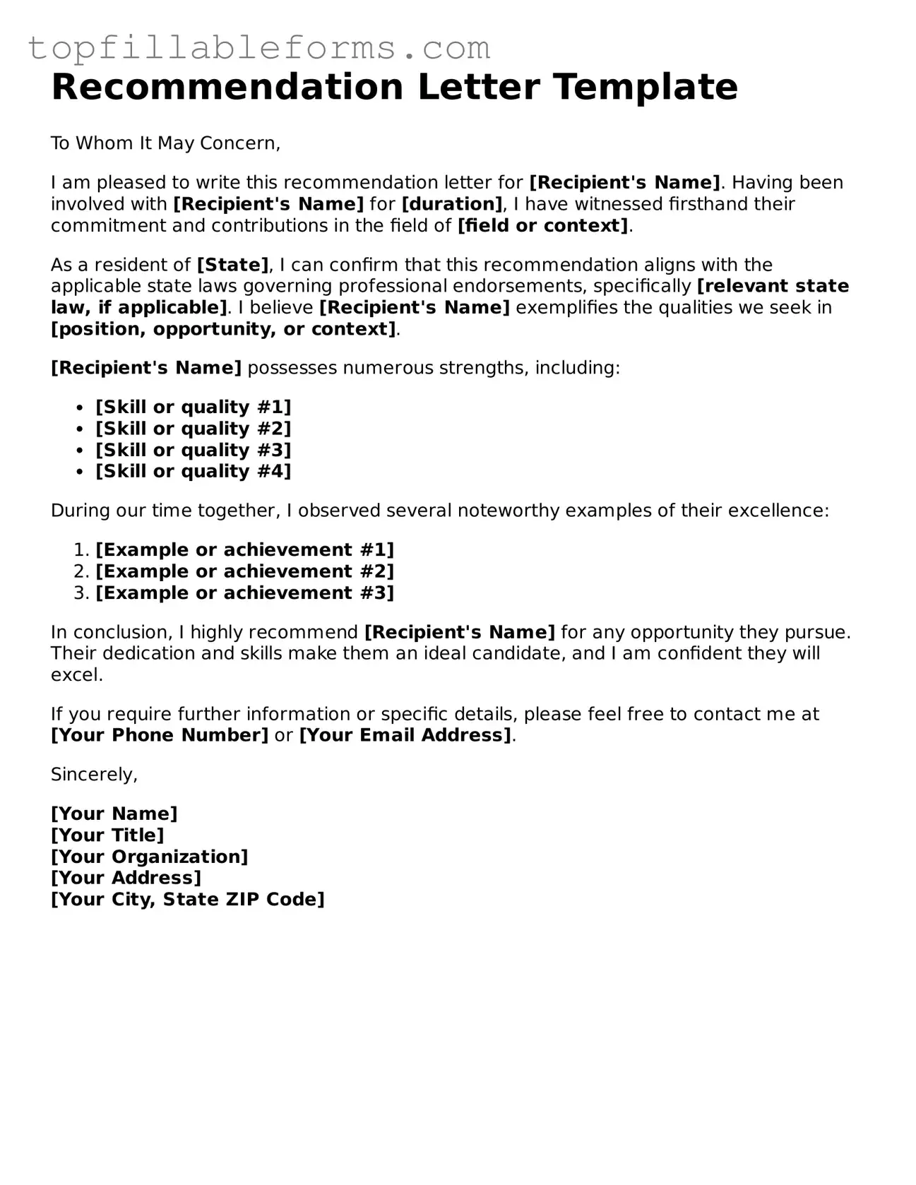 Free Recommendation Letter Form
