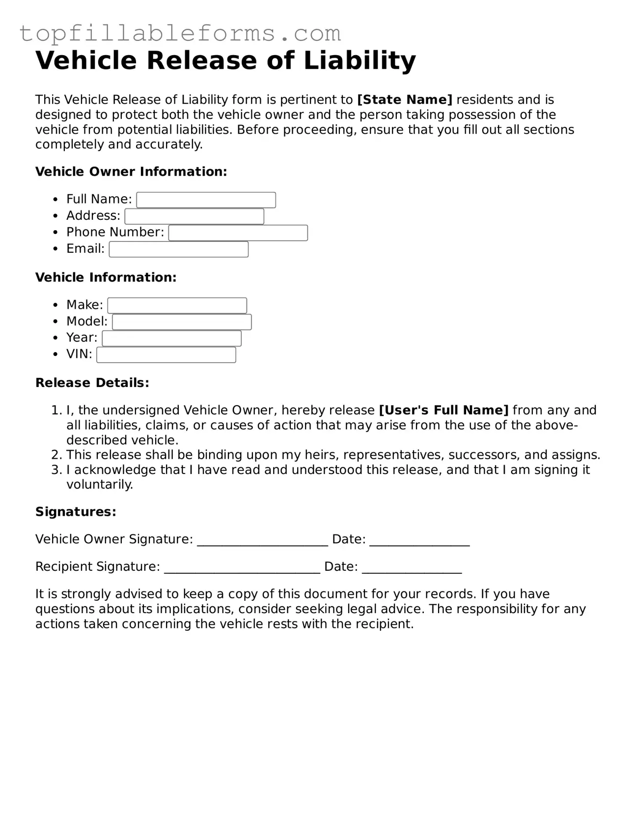 Free Vehicle Release of Liability Form