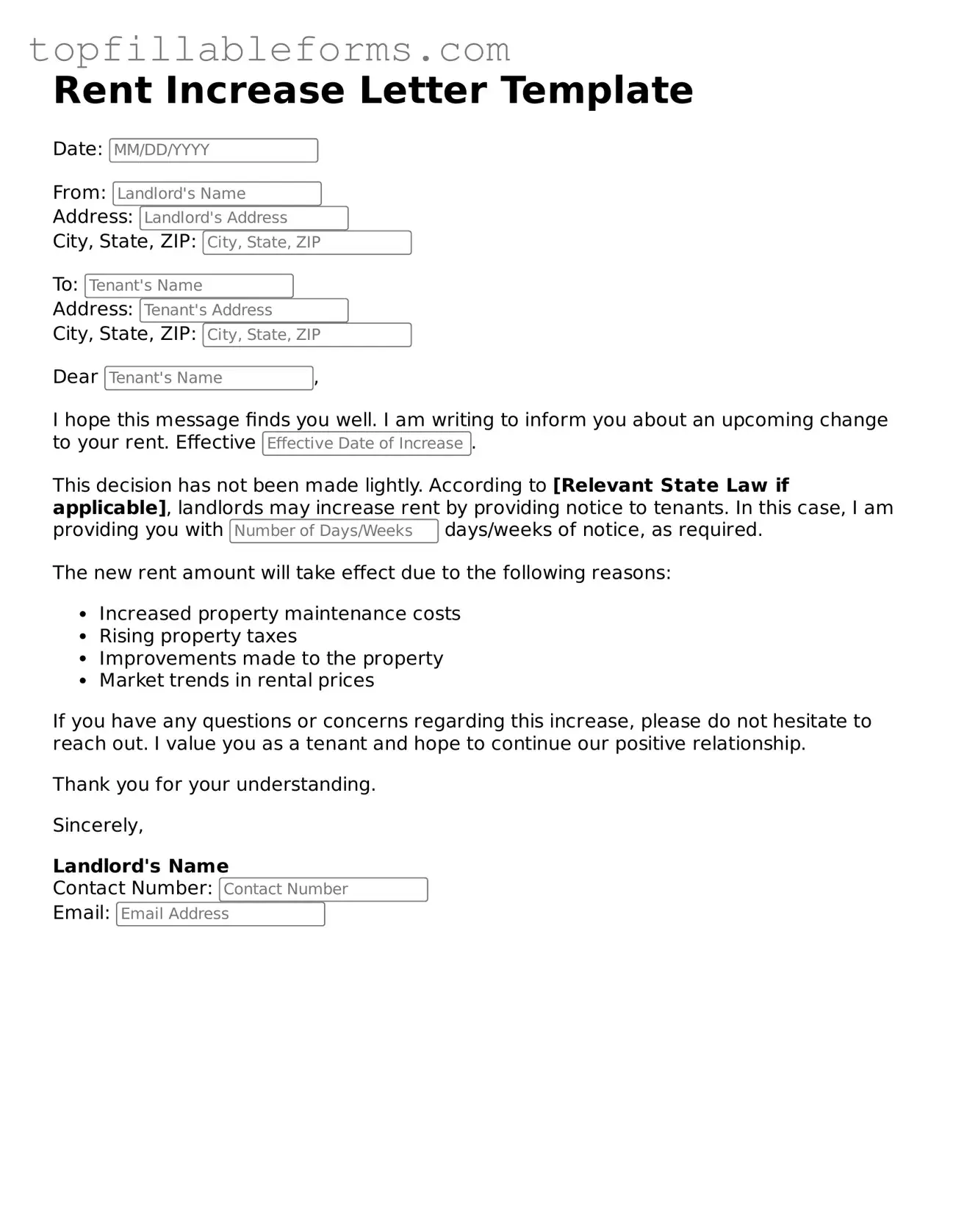 Free Rent Increase Letter Form