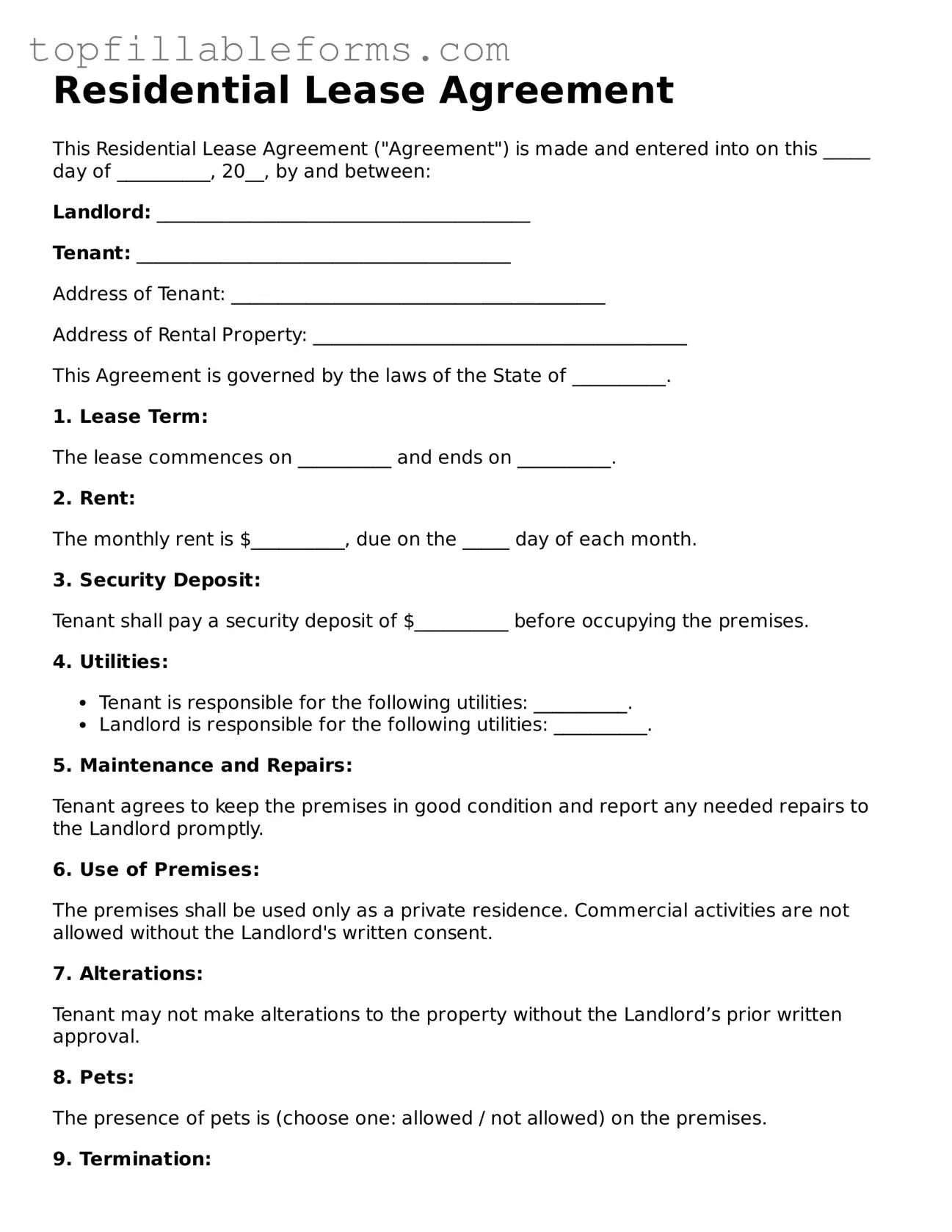 Free Residential Lease Agreement Form