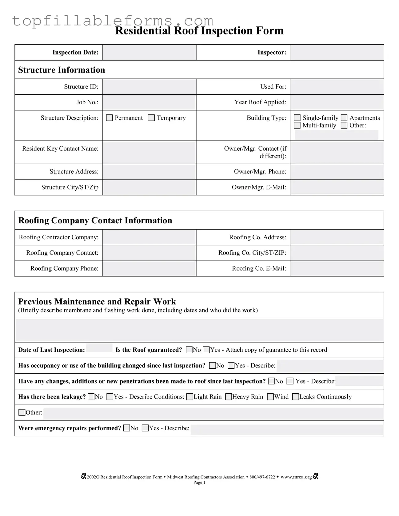 Printable Roof Inspection Form in PDF