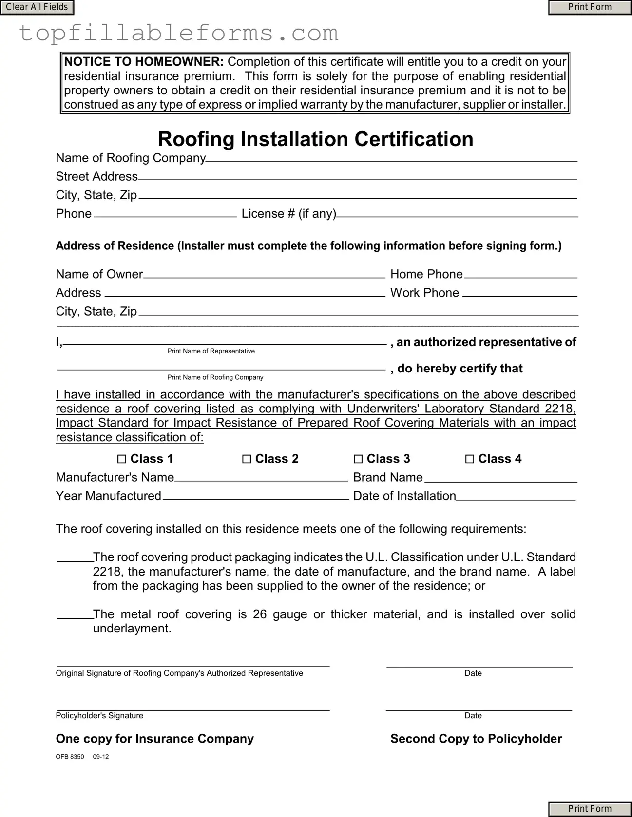 Printable Roofing Certificate Form in PDF