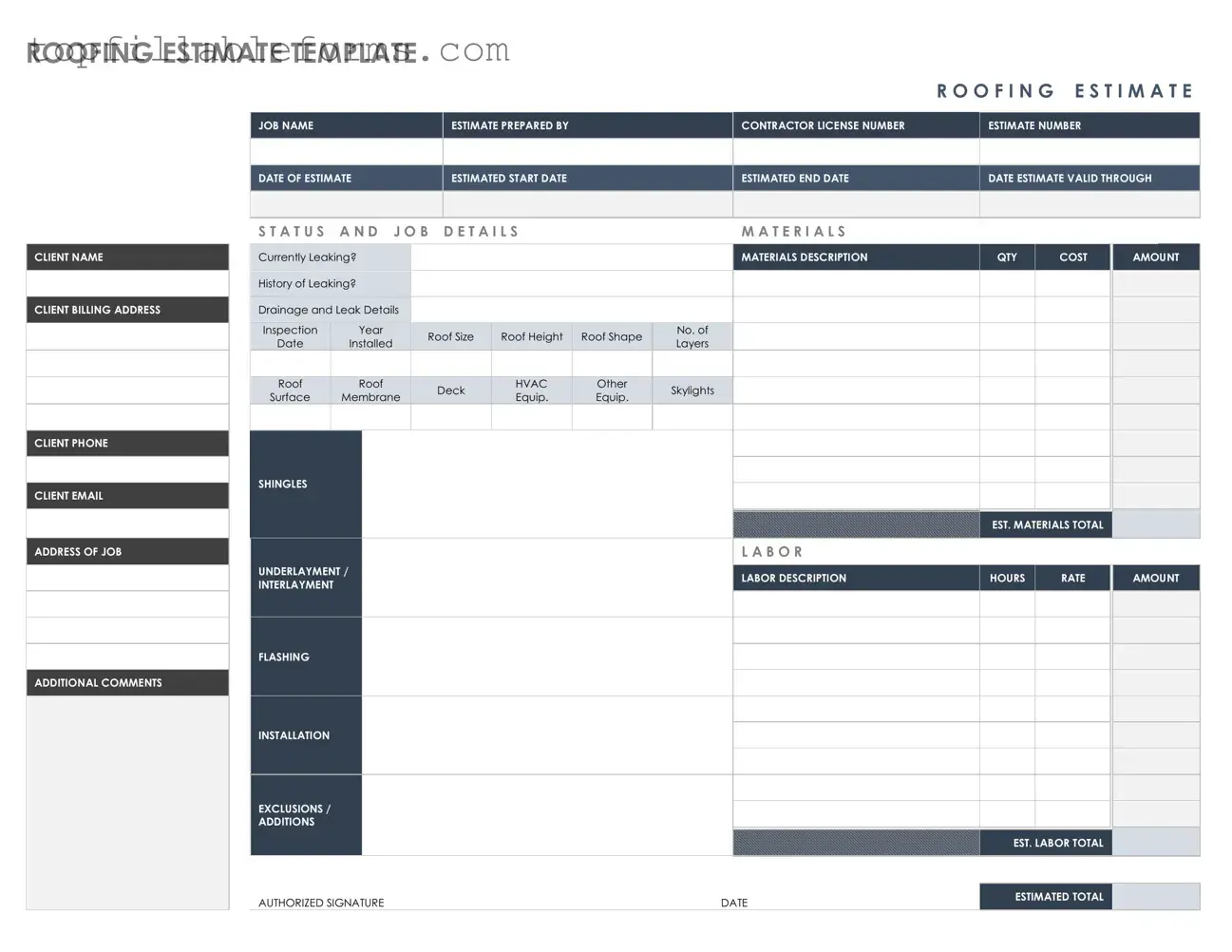 Printable Roofing Estimate Form in PDF