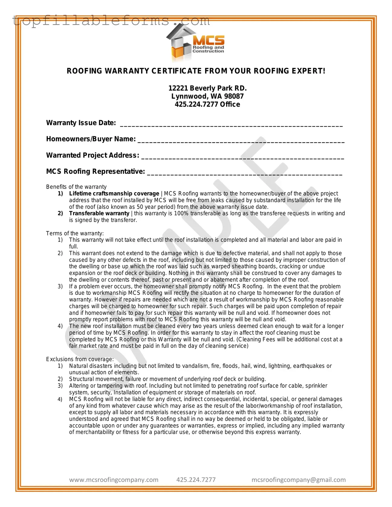 Printable Roofing Warranty Certificate Form in PDF