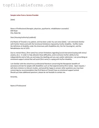 Printable Emotional Support Animal Letter Form in PDF