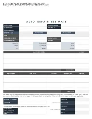 Printable Auto Repair Estimate Form in PDF