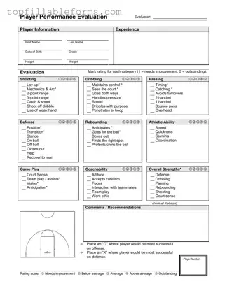 Printable Basketball Evaluation Form in PDF