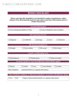 Printable Bdsm Checklist Form in PDF