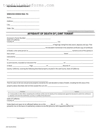 Printable California Death of a Joint Tenant Affidavit Form in PDF