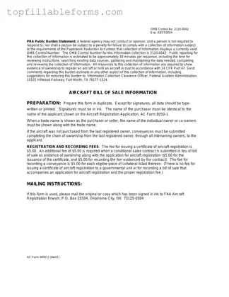 Printable Aircraft Bill of Sale AC 8050-2 Form in PDF