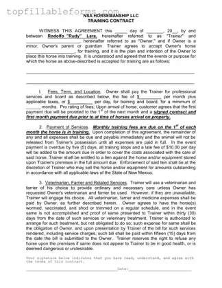 Printable Horse Training Contract Form in PDF