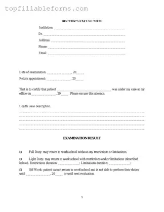 Printable Doctors Excuse Note Form in PDF