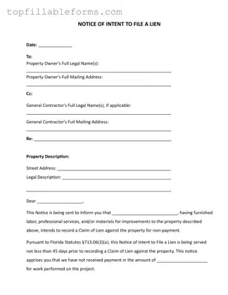 Printable Intent To Lien Florida Form in PDF