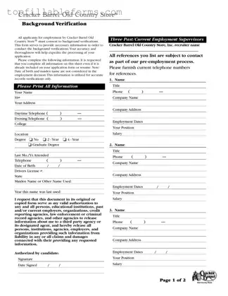 Printable Cracker Barrel Background Check Form in PDF
