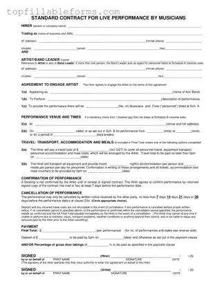 Printable Live Performance Contract Form in PDF