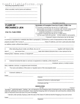 Printable Mechanics Lien California Form in PDF