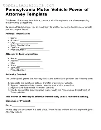 Attorney-Verified  Motor Vehicle Power of Attorney Template for Pennsylvania