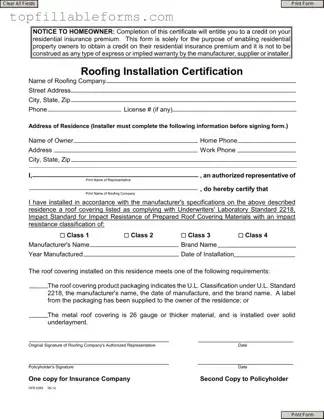 Printable Roofing Certificate Form in PDF