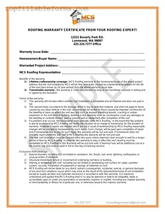 Printable Roofing Warranty Certificate Form in PDF