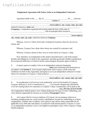 Printable Tattoo Shop Artist Agreement Form in PDF