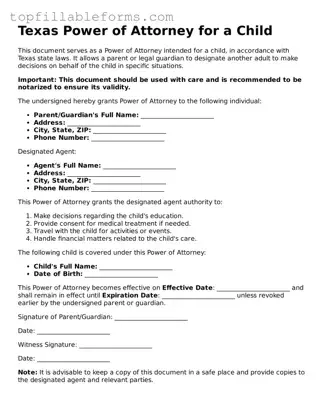 Attorney-Verified  Power of Attorney for a Child Template for Texas