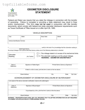 Printable Texas Odometer Statement Form in PDF