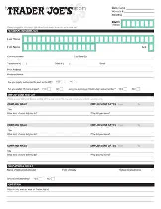 Printable Trader Joe's application Form in PDF