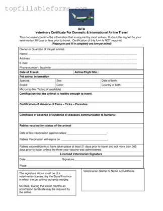 Printable Veterinary Certificate Travel Form in PDF
