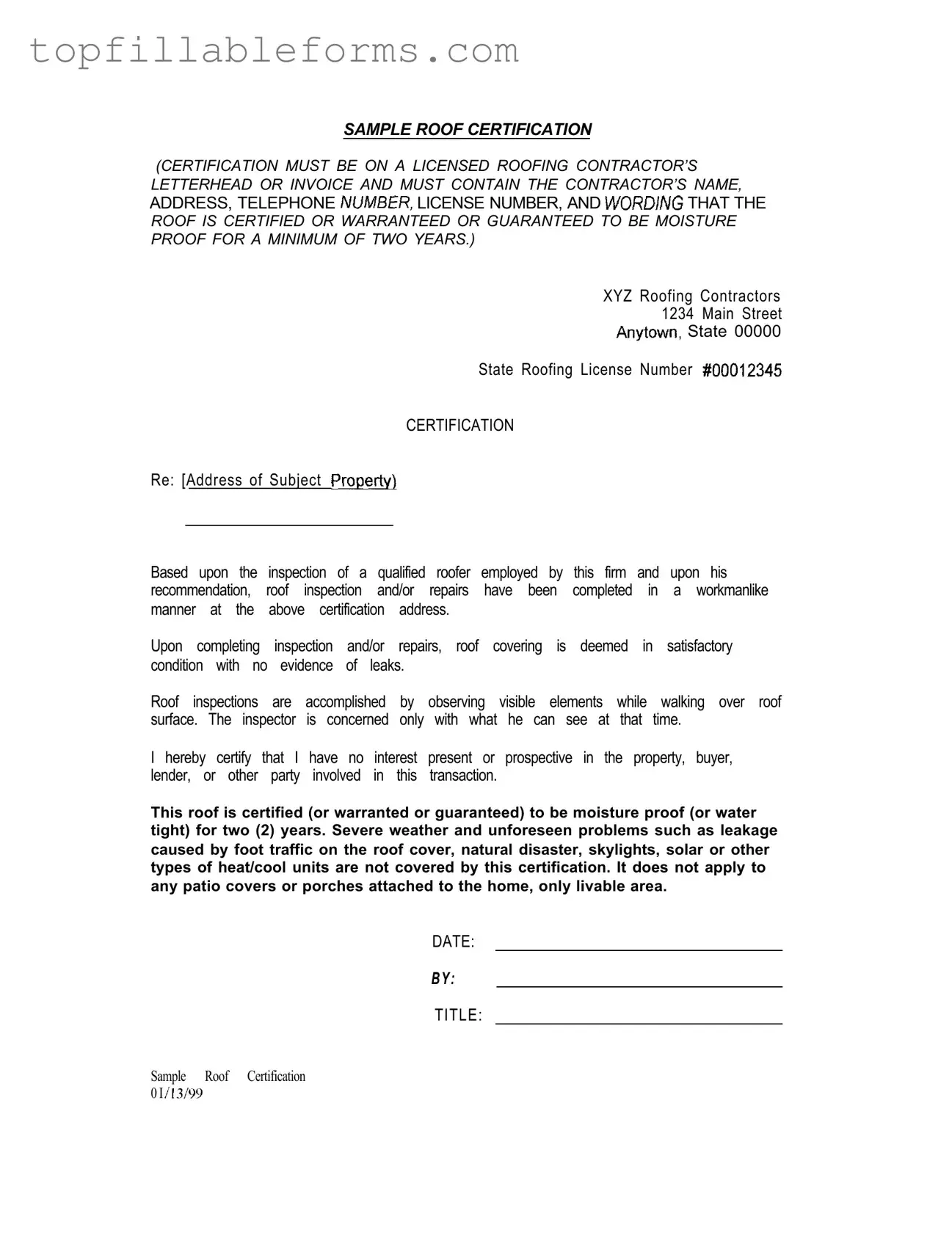 Printable Sample Roof Certification Form in PDF